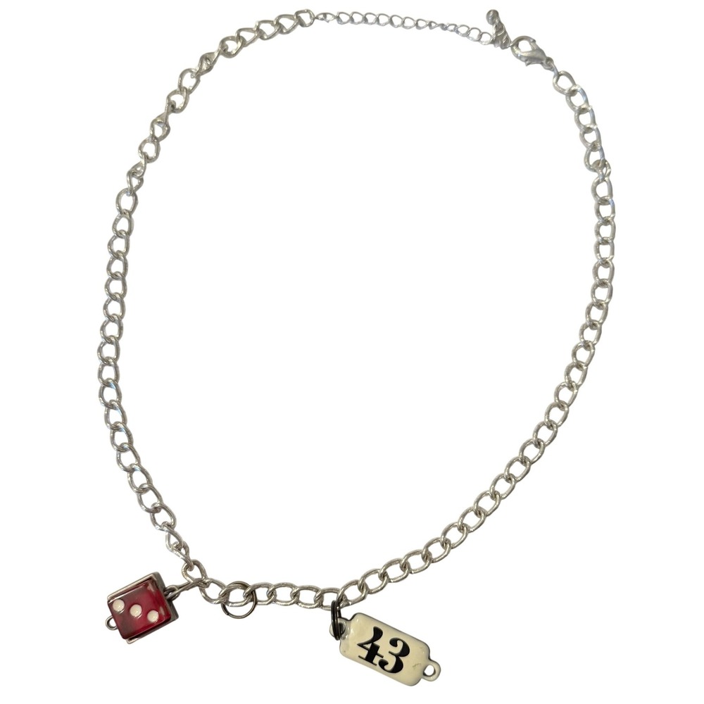 Silver Tone Dice and Number 43 Charm Necklace Red White Statement Chain Jewelry